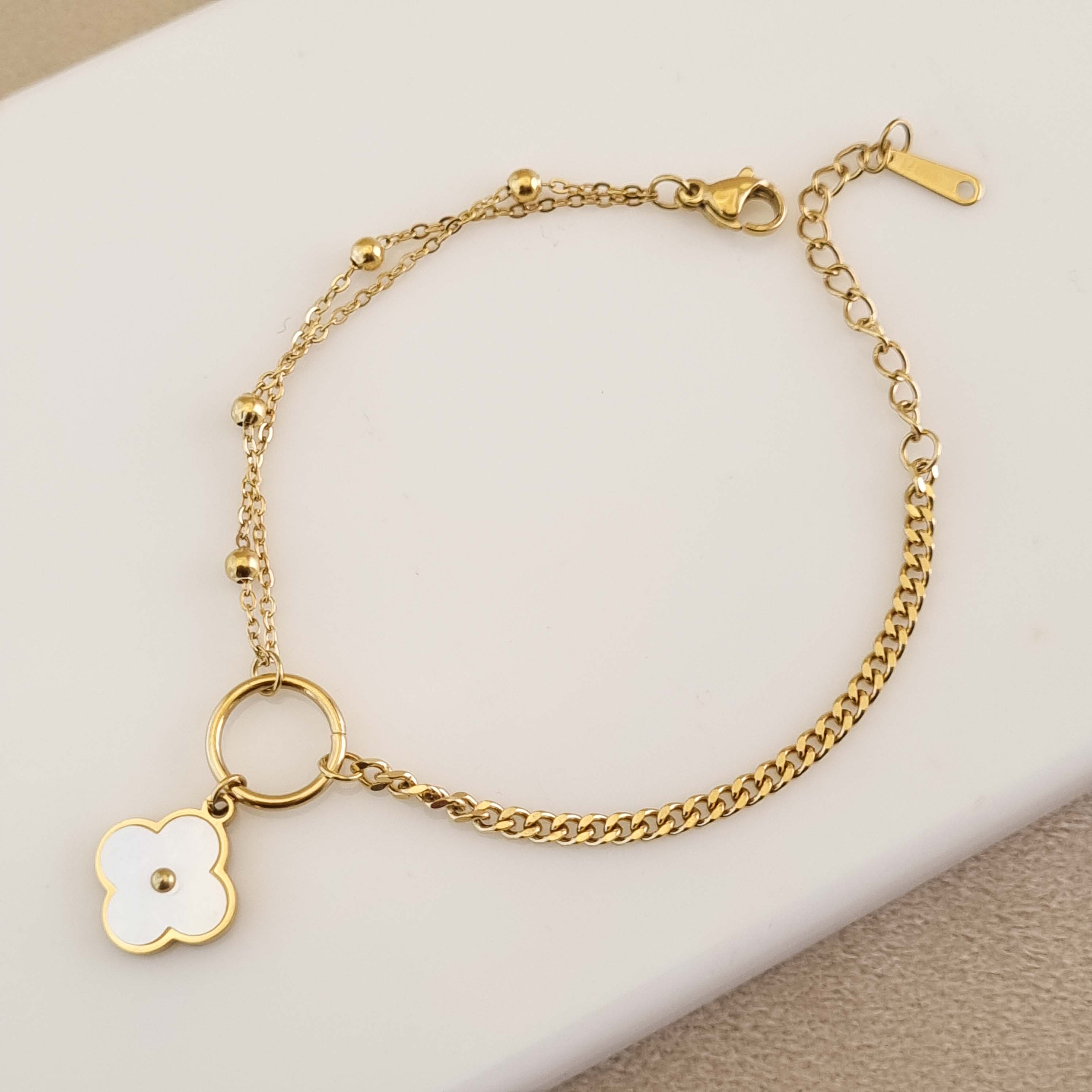 Fleur Luxe Charm Bracelet - Gold Chain with Mother of Pearl Floral Pendant