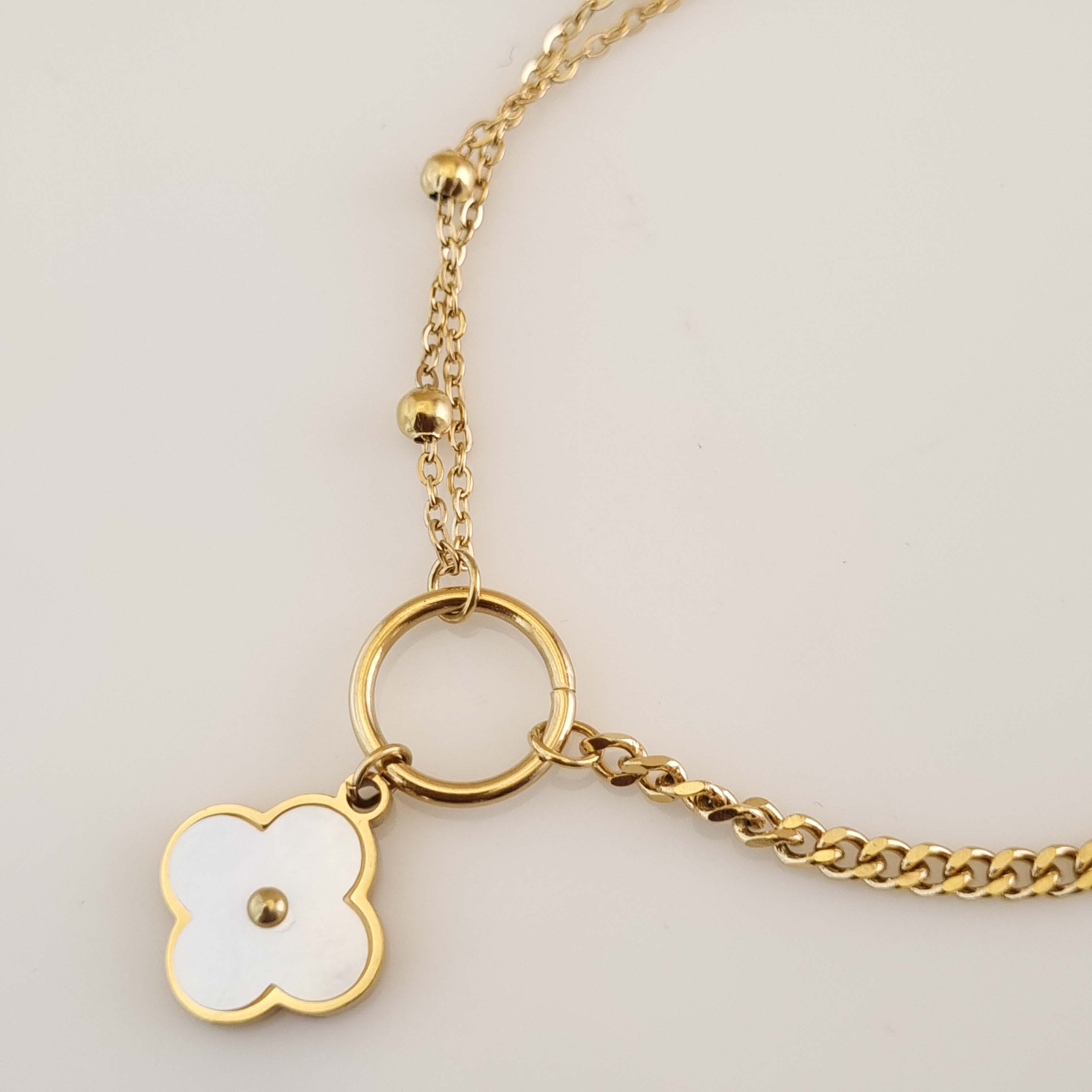 Fleur Luxe Charm Bracelet - Gold Chain with Mother of Pearl Floral Pendant