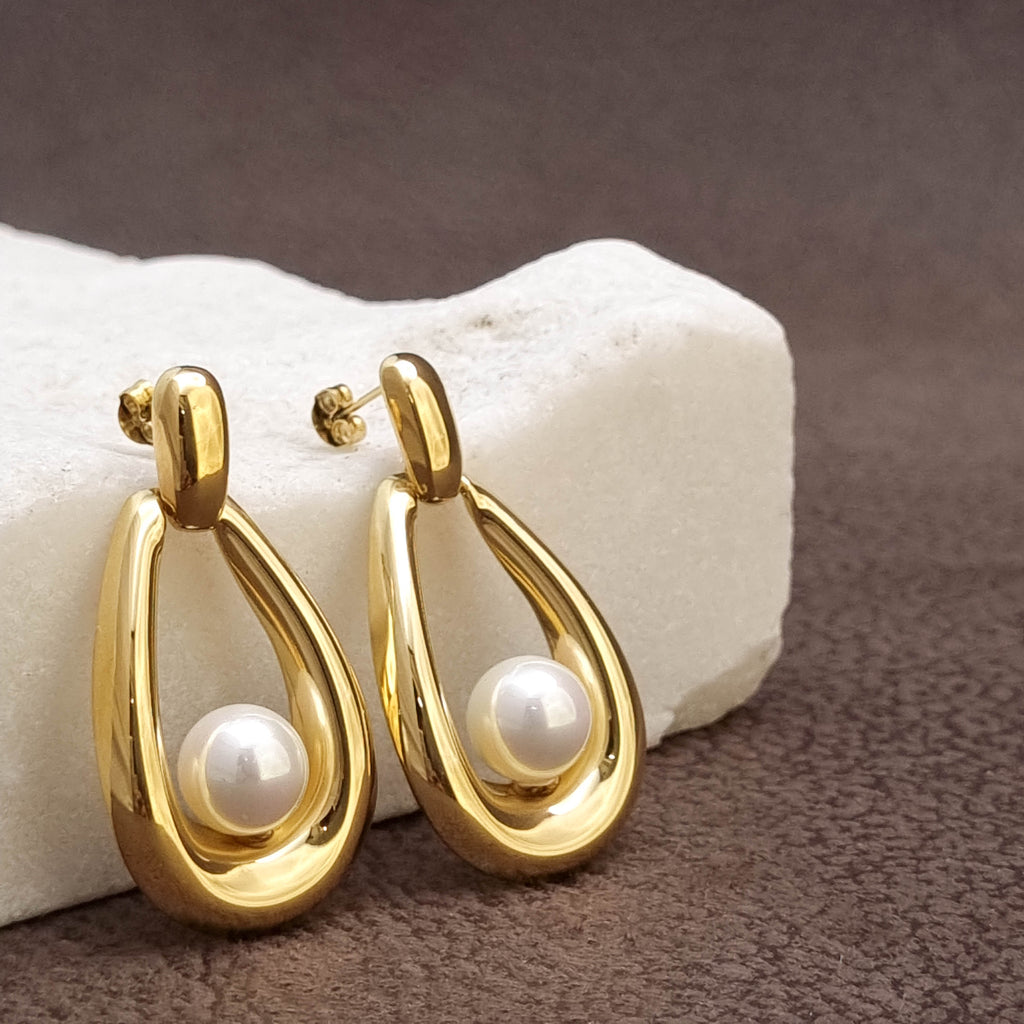Gold Teardrop Pearl Drop Earrings