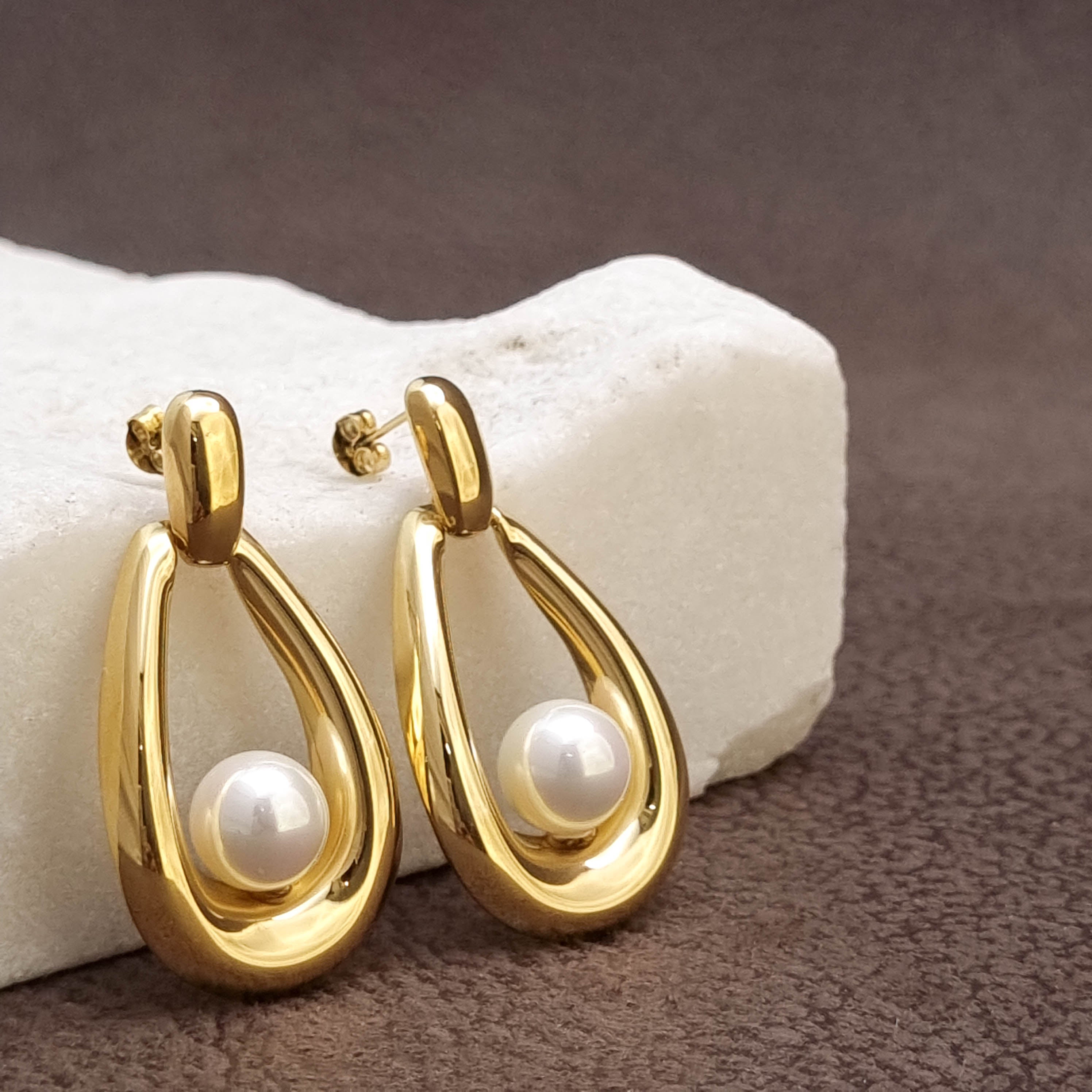 Gold Teardrop Pearl Drop Earrings