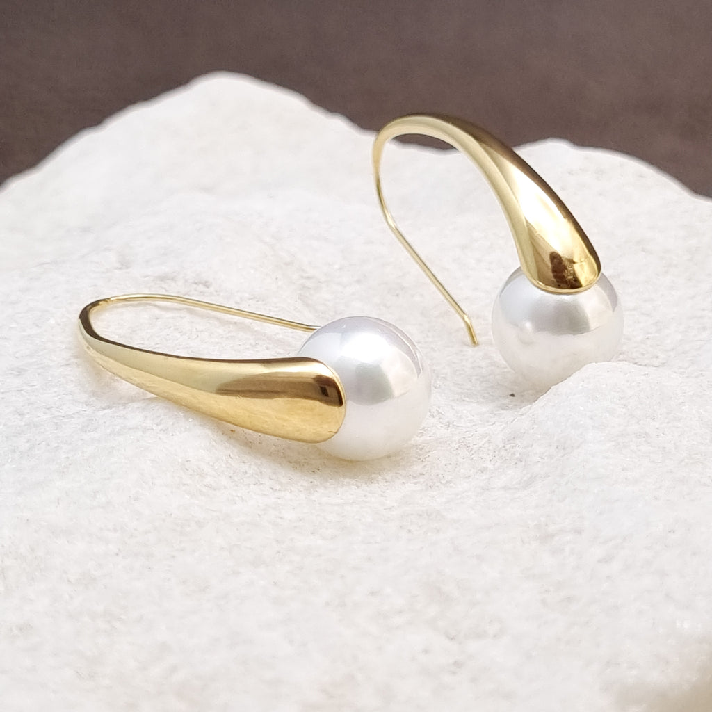 Curved Arc Pearl Drop Earrings