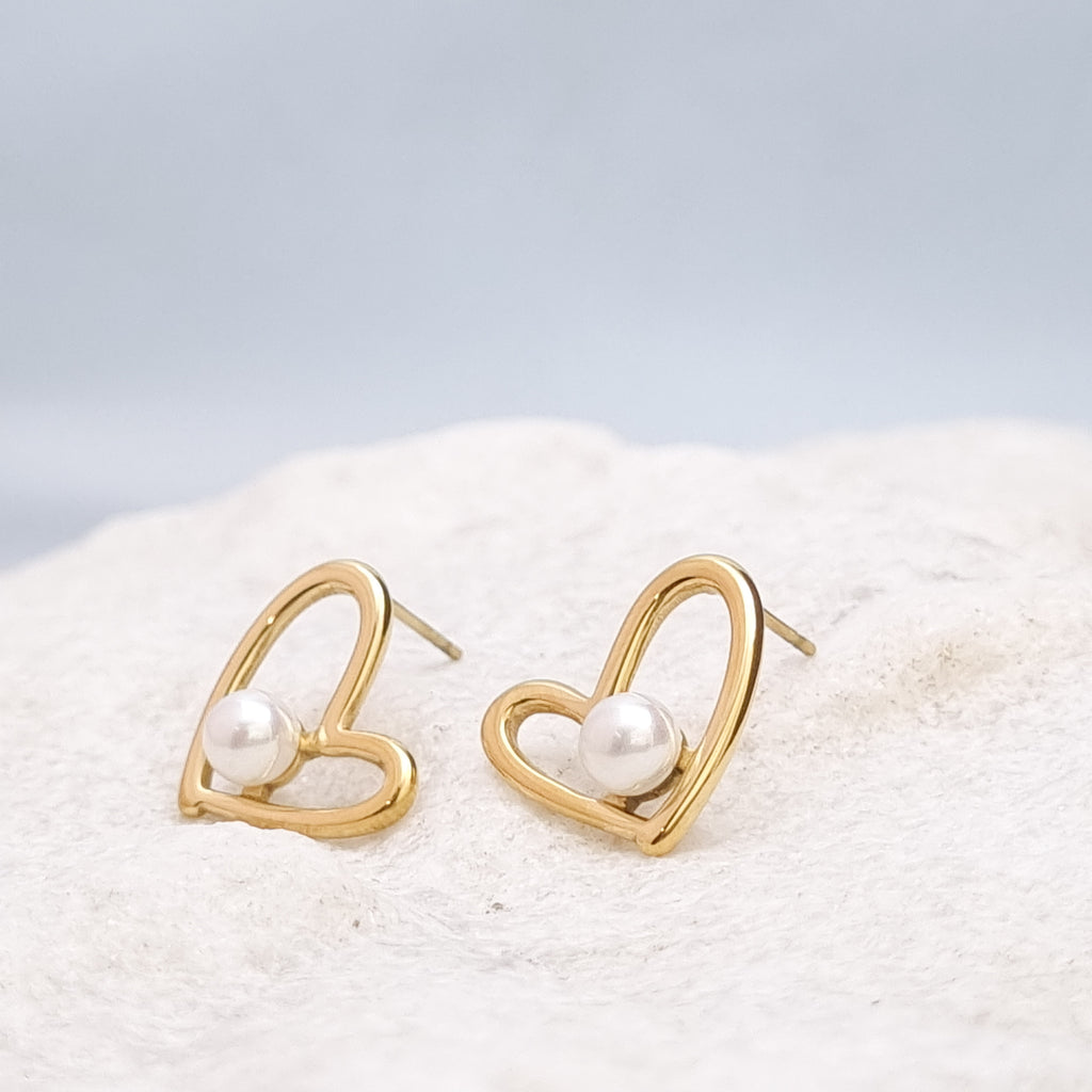 Open Heart Pearl Stud Earrings