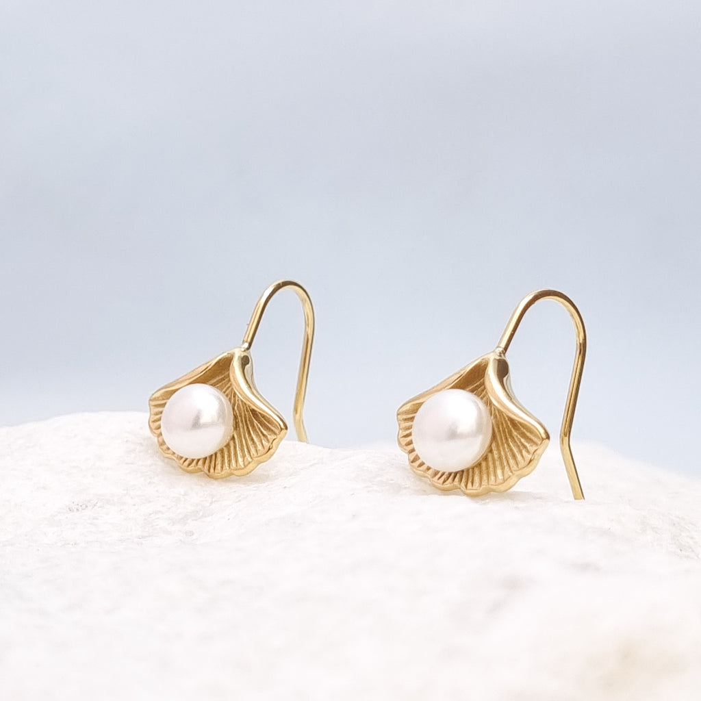 Pearl Ginkgo Leaf Drop Earrings