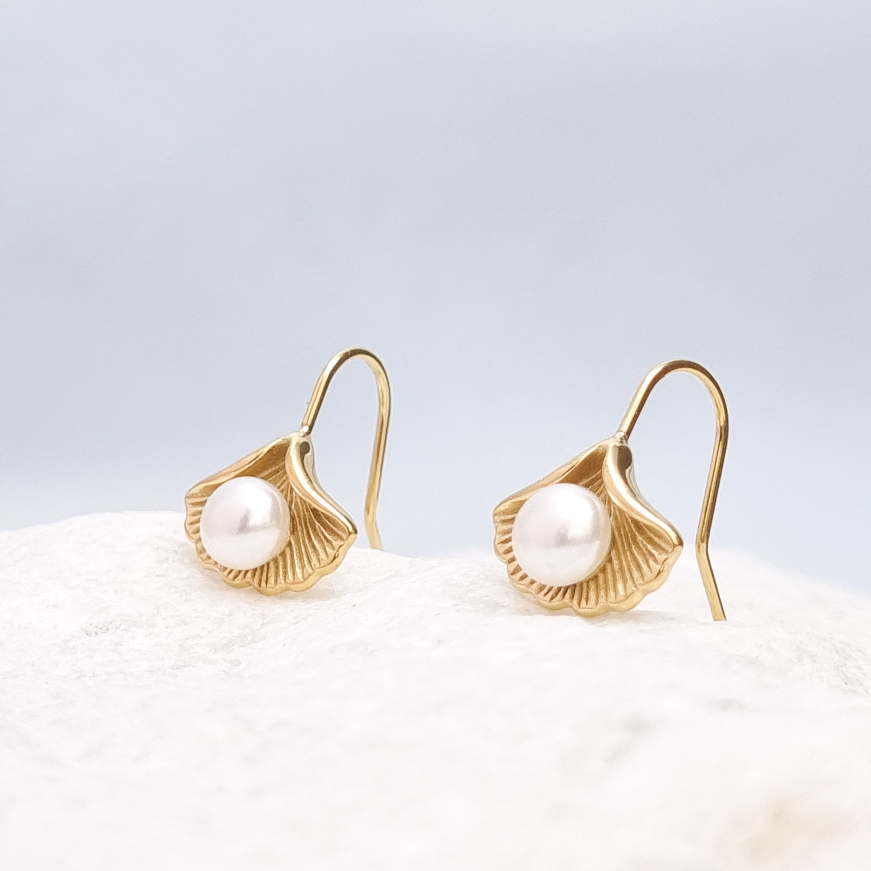 Pearl Ginkgo Leaf Drop Earrings