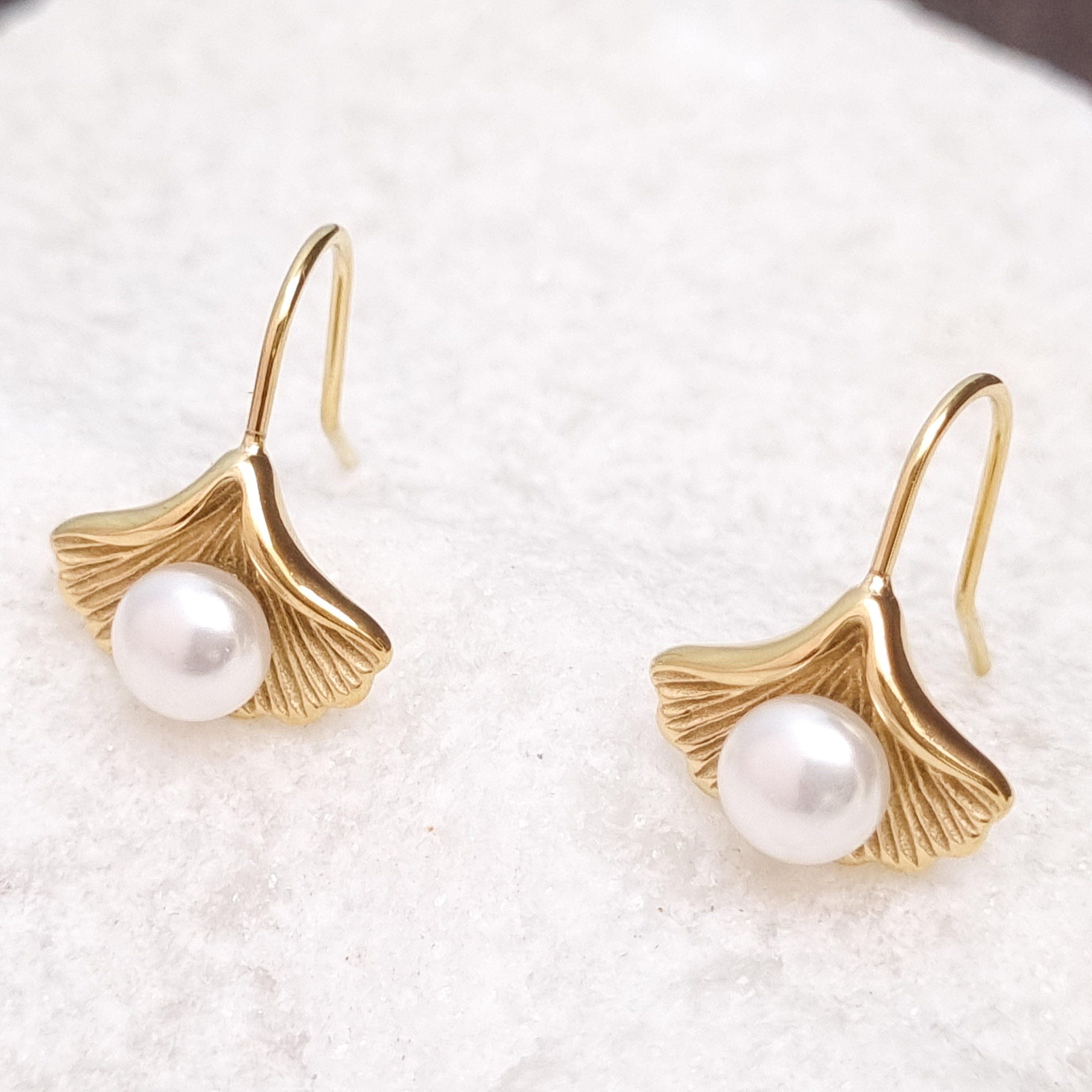 Pearl Ginkgo Leaf Drop Earrings