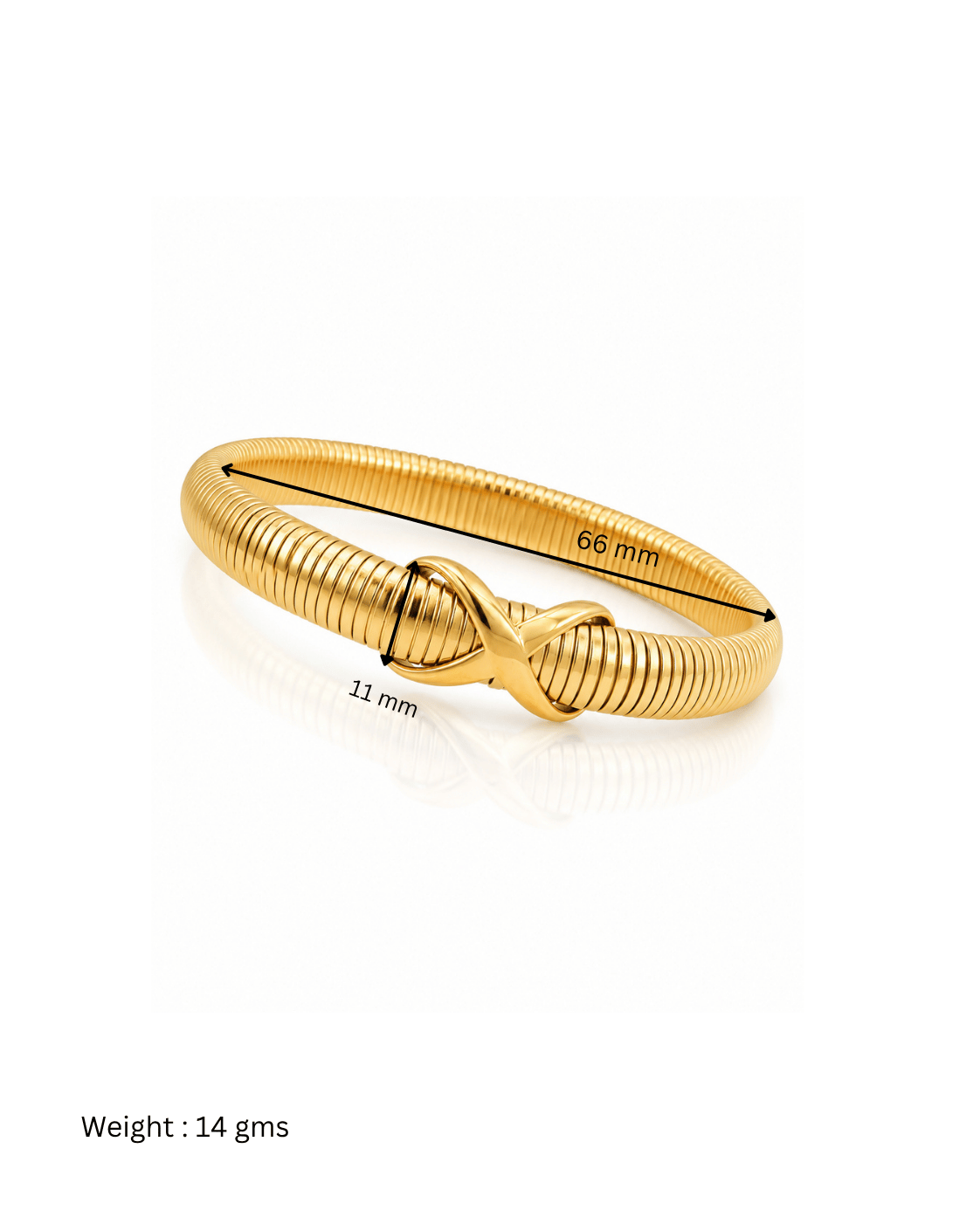 A gold-colored textured bangle bracelet with an infinity knot design, shown on a white background with black measurement lines and text indicating 66 mm length, 11 mm width, and weight of 14 gms.