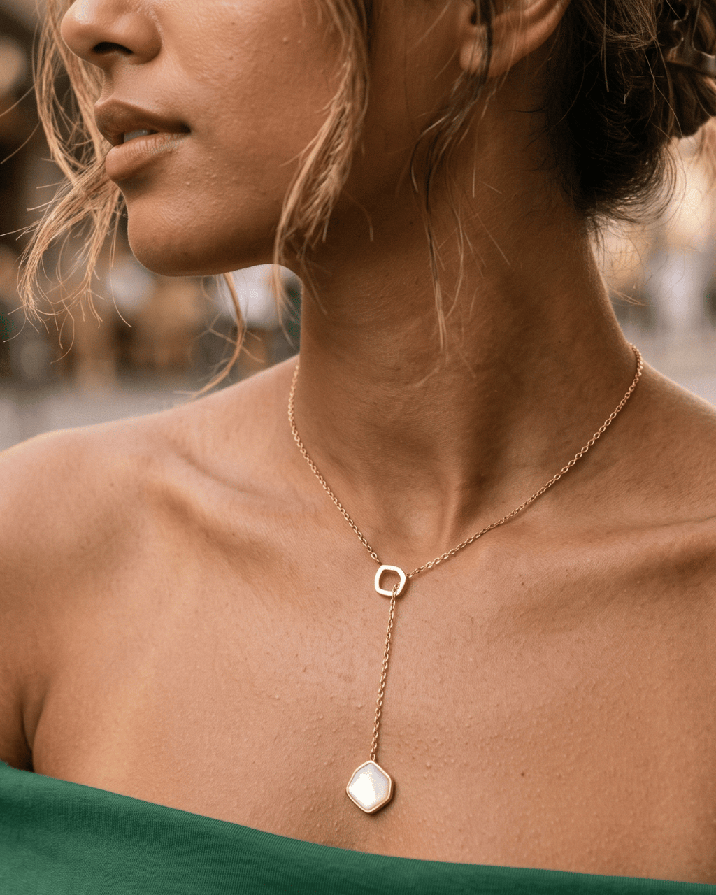 Hexagon Pearl Lariat Necklace