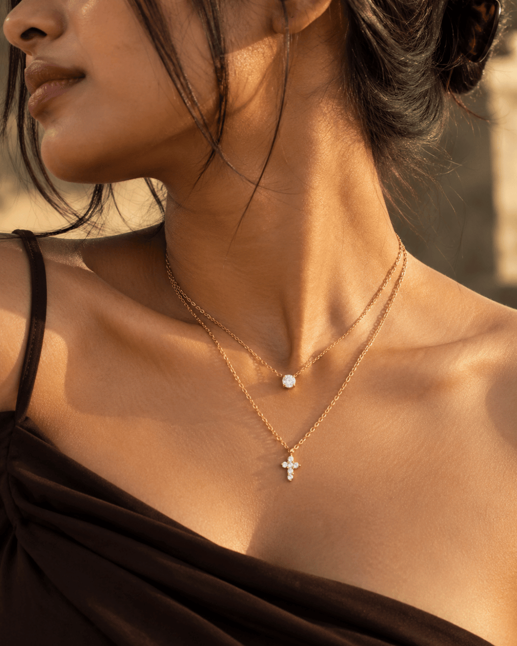 Crystal Cross Double Layer Necklace