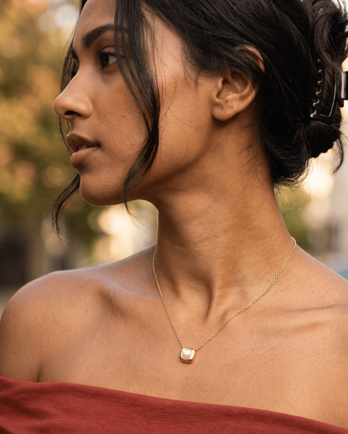 Cushion Bezel Pearl Pendant Necklace