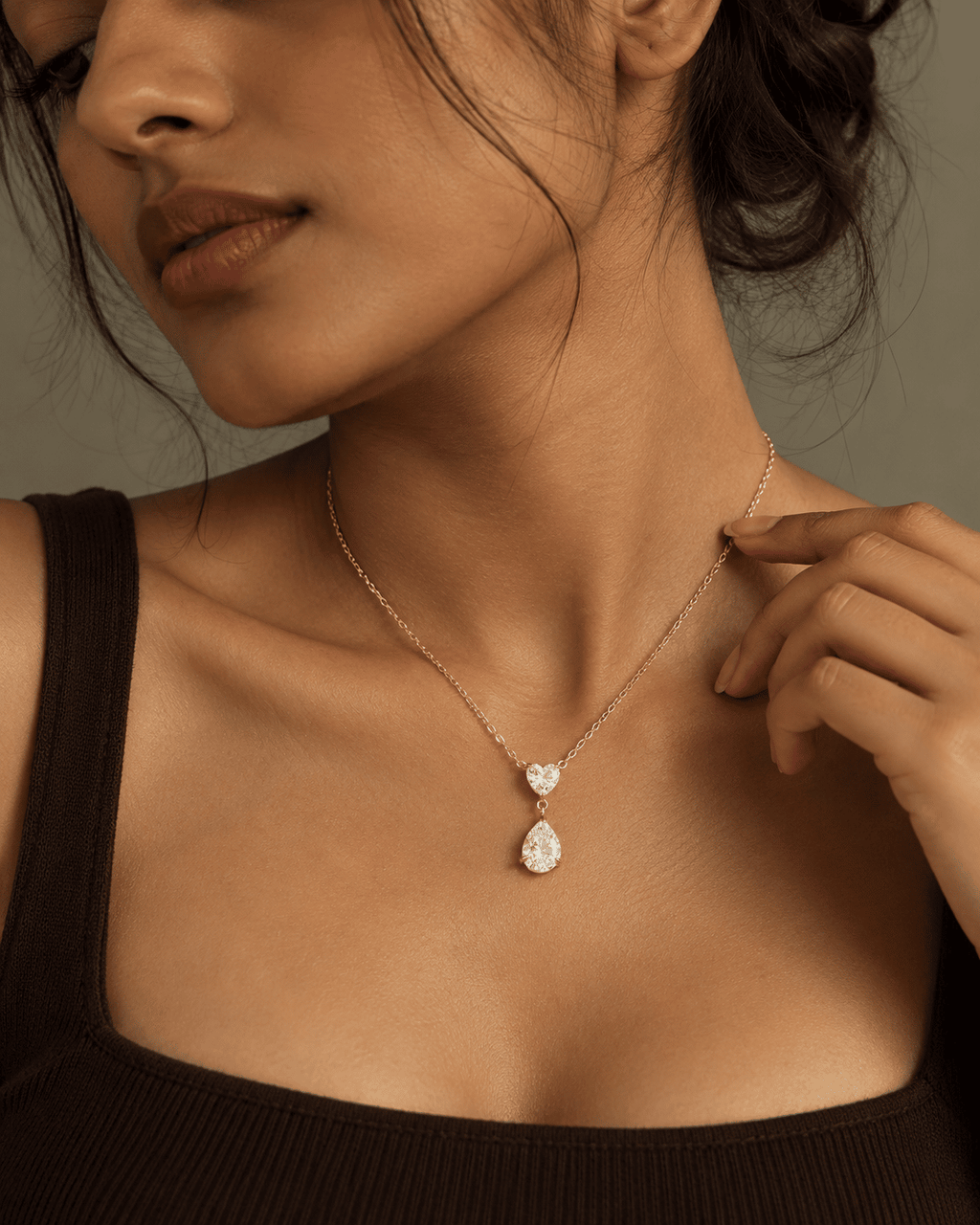 Heart & Pear CZ Drop Pendant Necklace