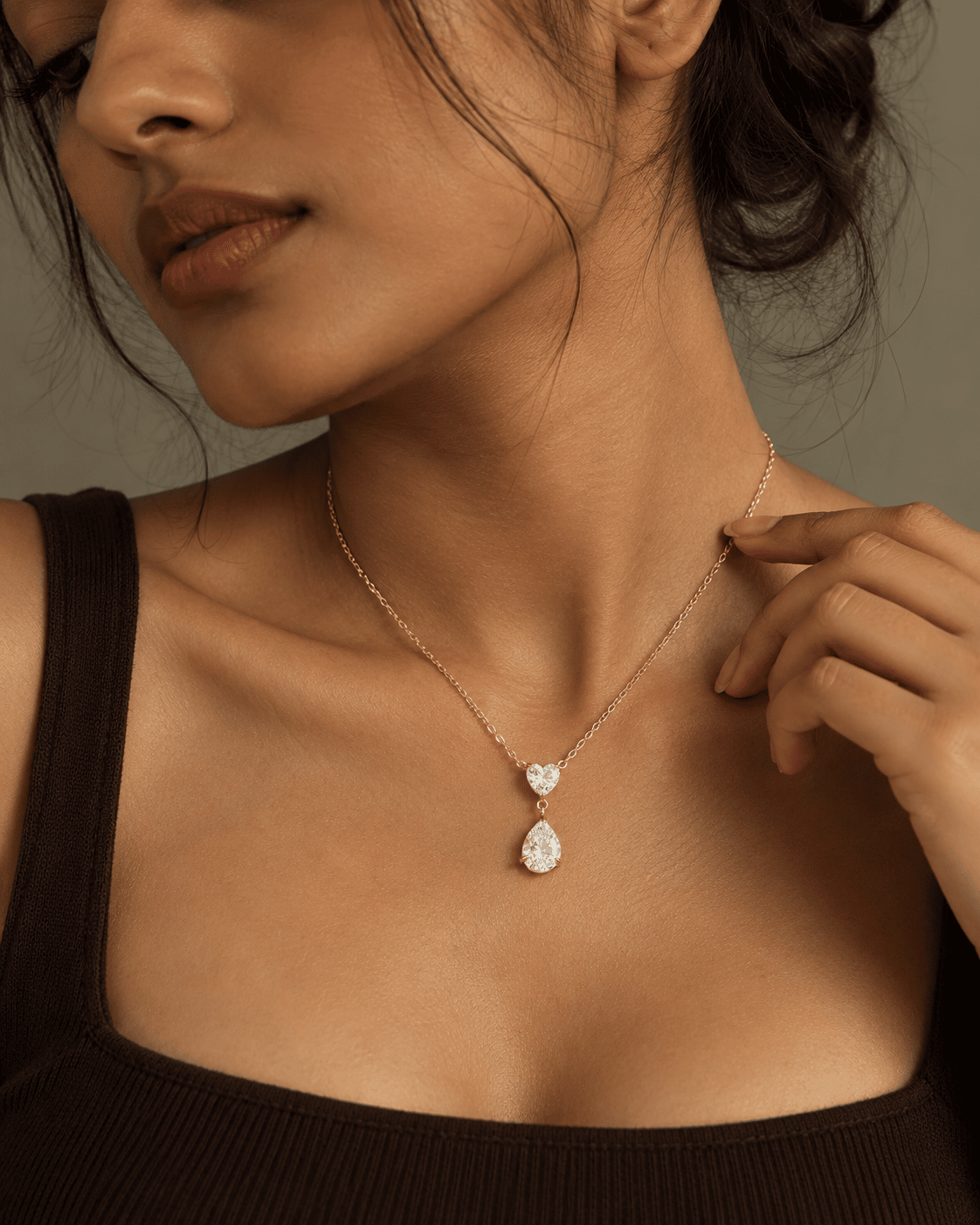 Heart & Pear CZ Drop Pendant Necklace