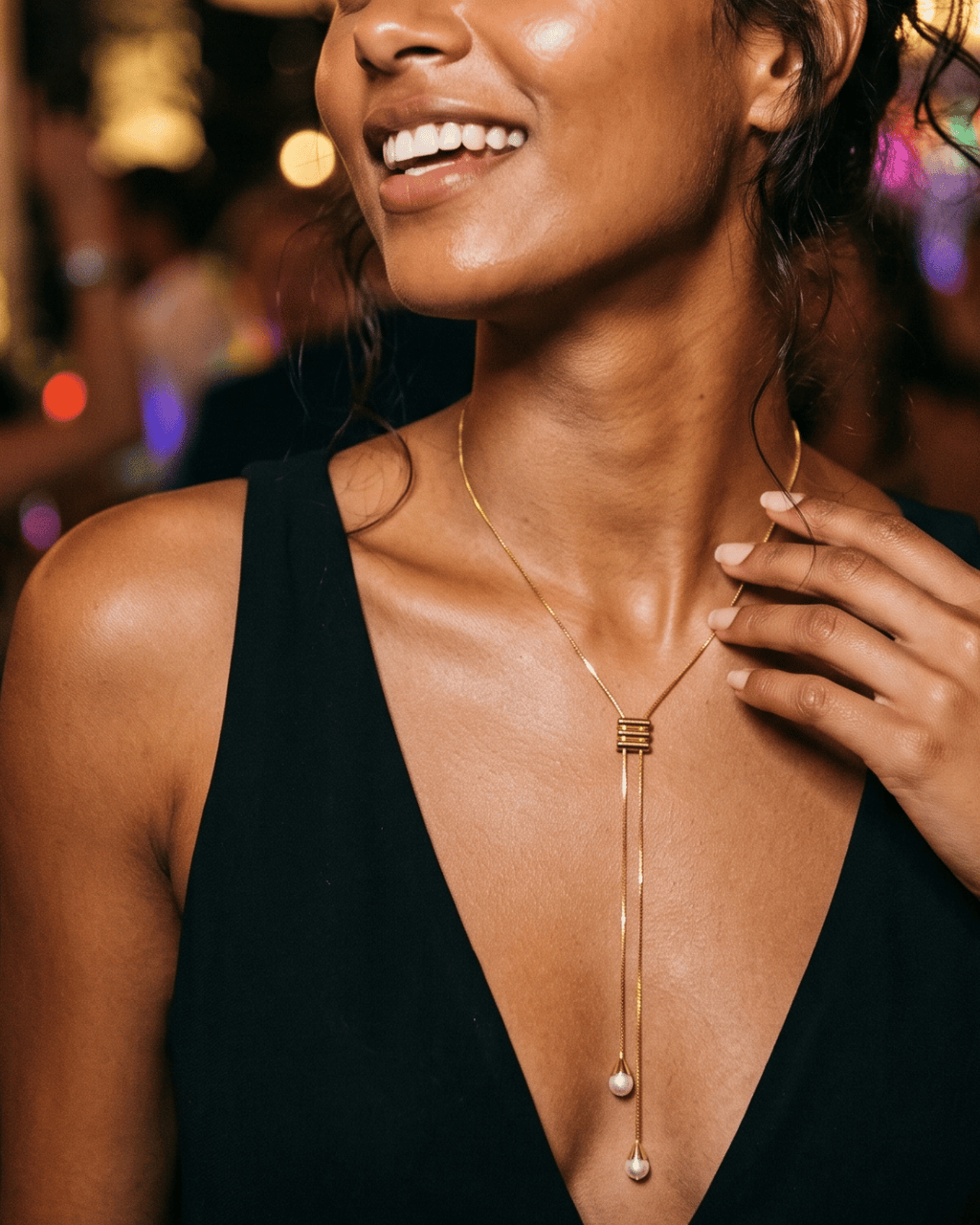 Double Pearl Lariat Bolo Necklace