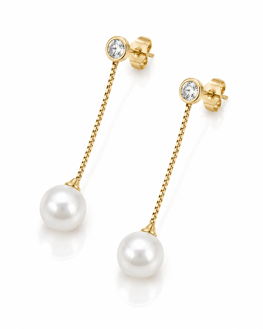 CZ Bezel and Pearl Drop Chain Earrings