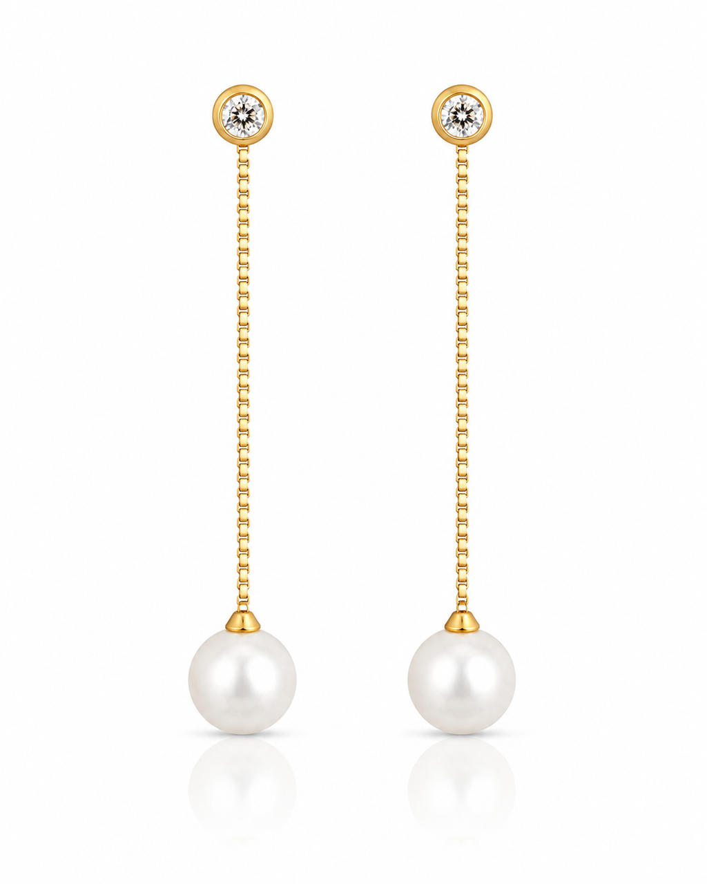 CZ Bezel and Pearl Drop Chain Earrings