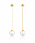 CZ Bezel and Pearl Drop Chain Earrings