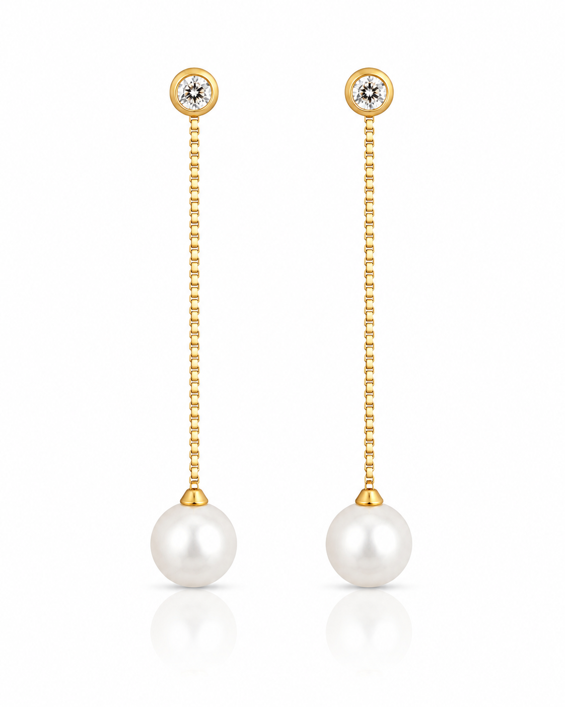 CZ Bezel and Pearl Drop Chain Earrings