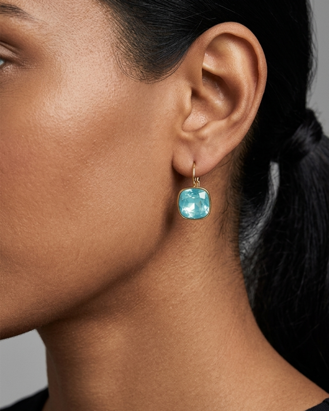 Aqua Cushion Crystal Leverback Earrings