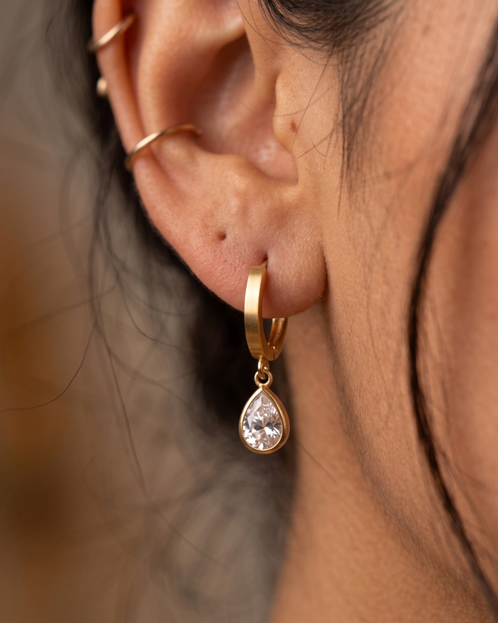 Pear CZ Drop Huggie Earrings