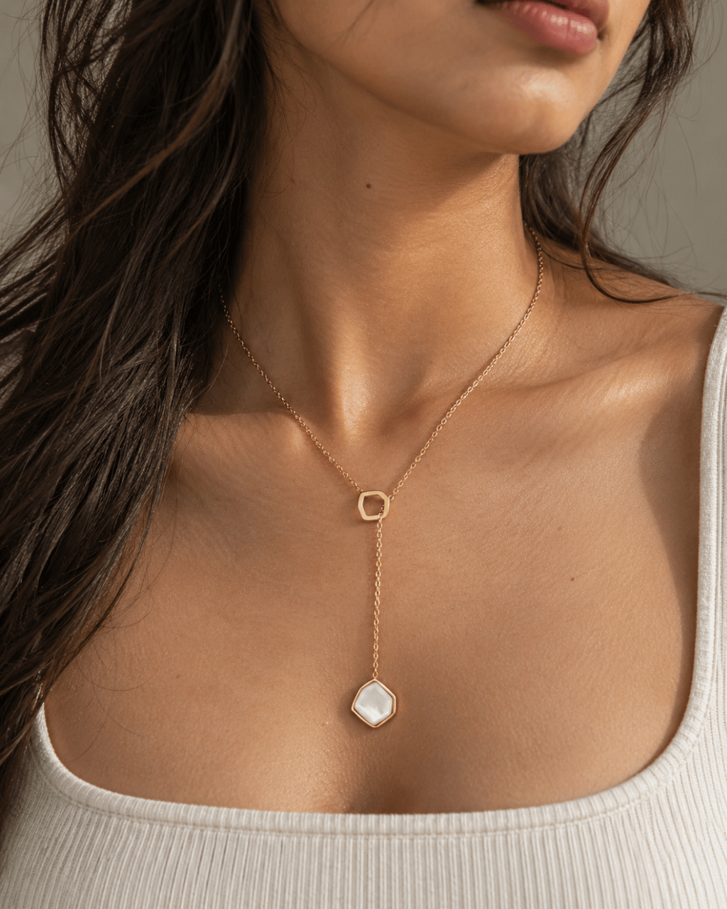 Hexagon Pearl Lariat Necklace