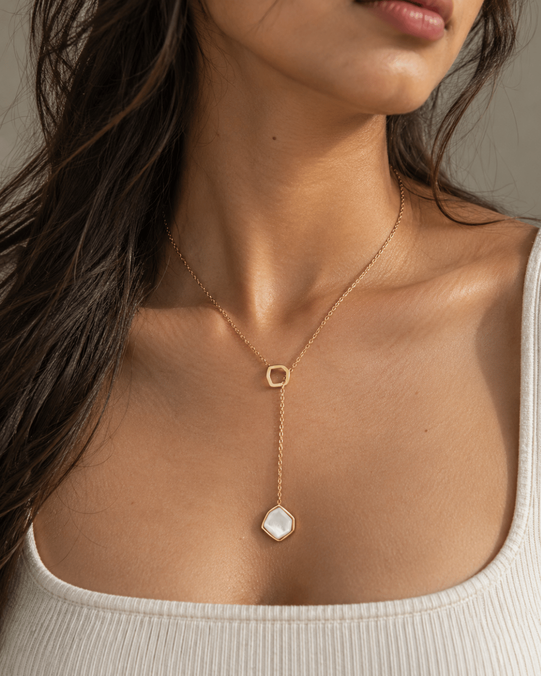 Hexagon Pearl Lariat Necklace