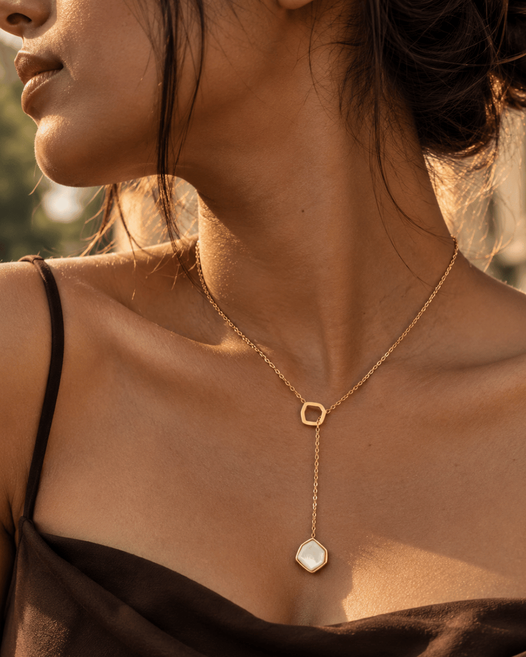 Hexagon Pearl Lariat Necklace