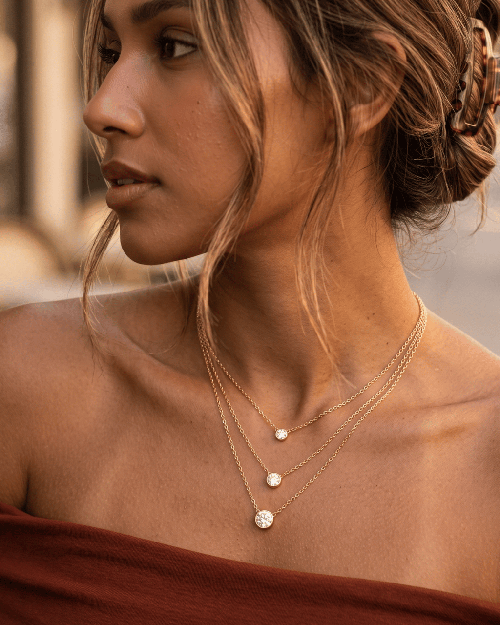 Triple Bezel Solitaire Layered Necklace
