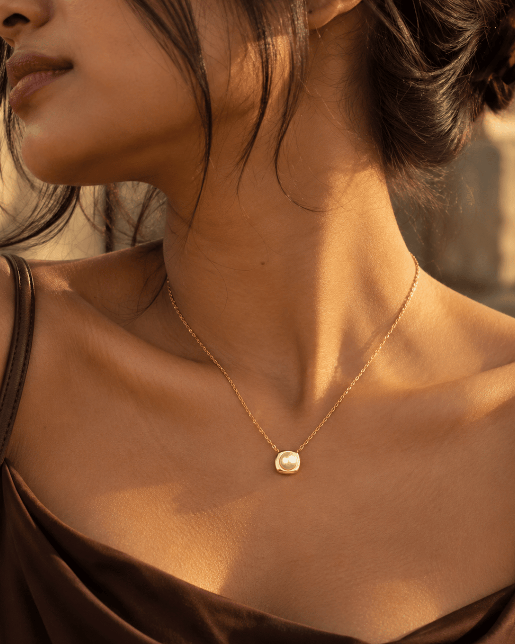 Cushion Bezel Pearl Pendant Necklace