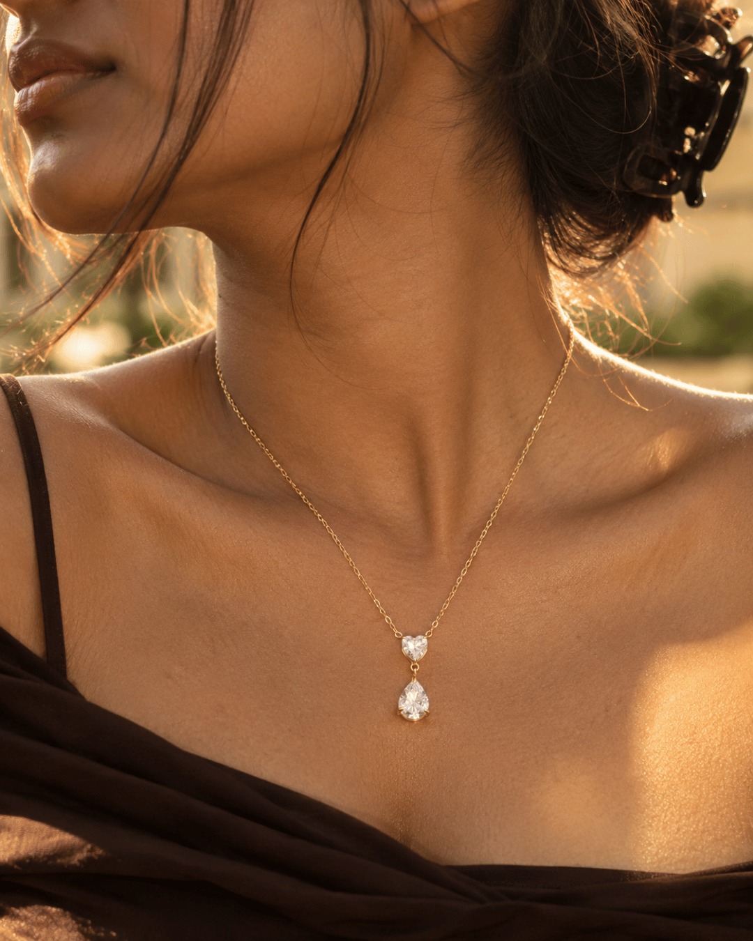 Heart & Pear CZ Drop Pendant Necklace