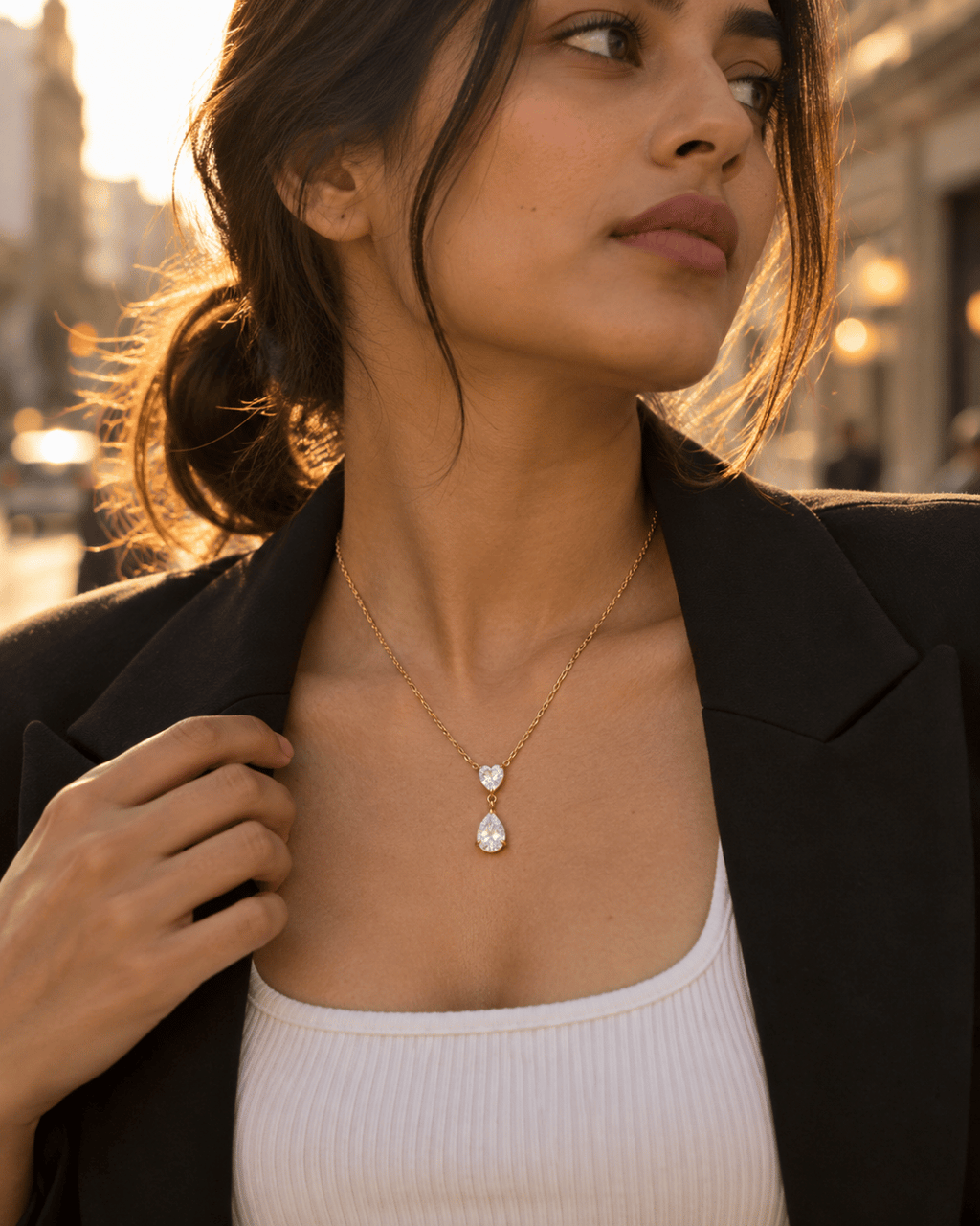 Heart & Pear CZ Drop Pendant Necklace