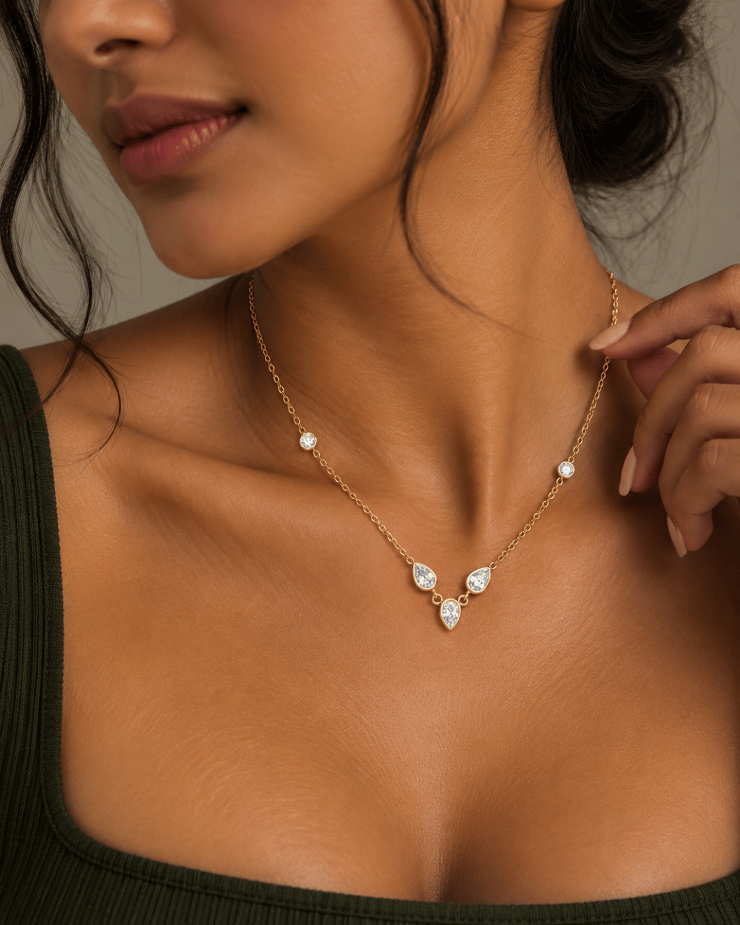 Pear & Round CZ Station Bezel Necklace