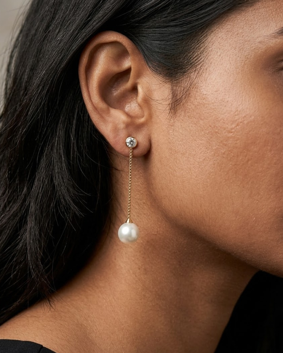 CZ Bezel and Pearl Drop Chain Earrings