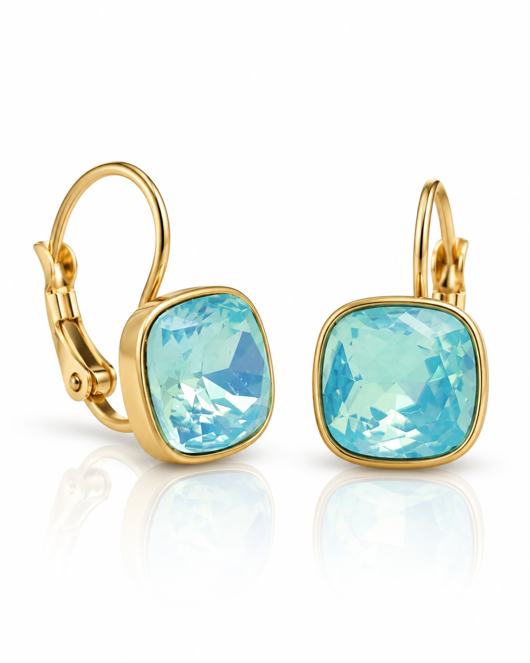 Aqua Cushion Crystal Leverback Earrings