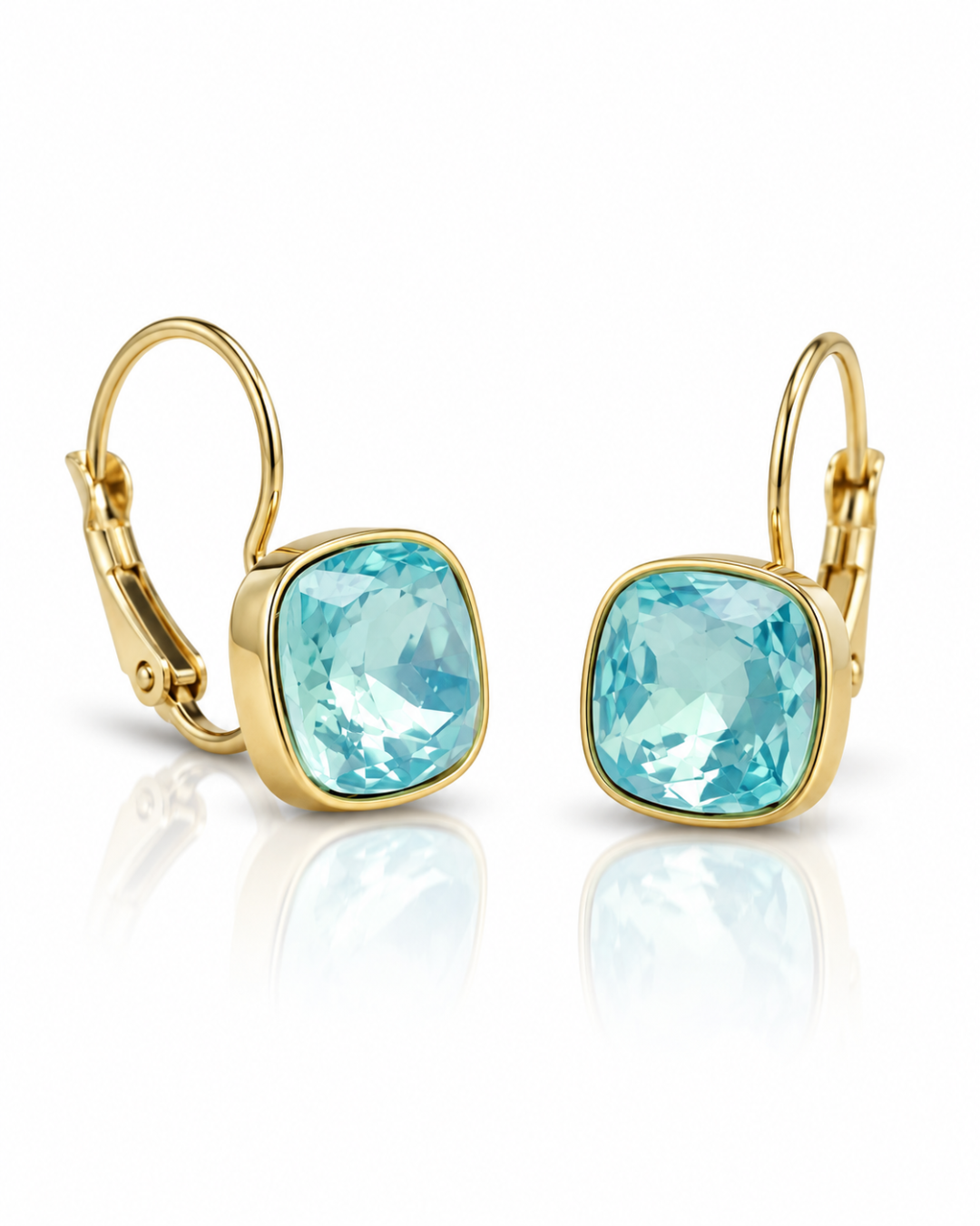 Aqua Cushion Crystal Leverback Earrings