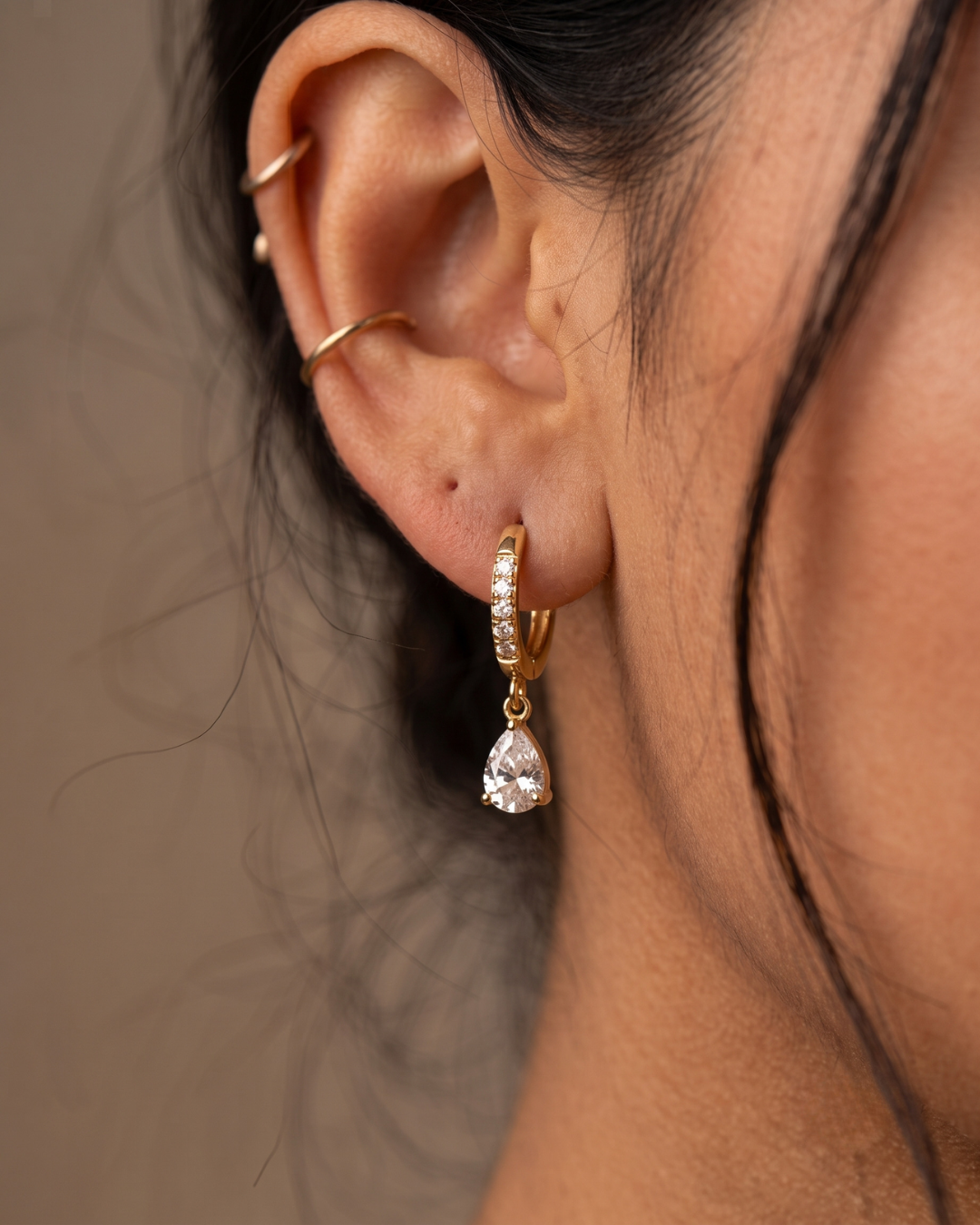 Pear Drop CZ Huggie Hoop Earrings