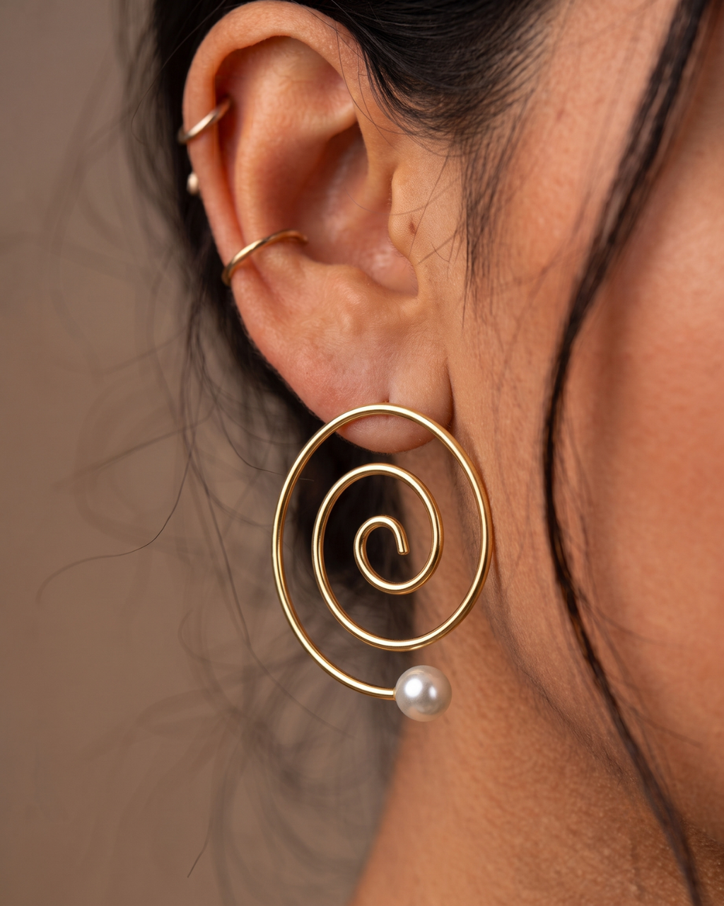 Gold Spiral Pearl-Tip Hoop Earrings