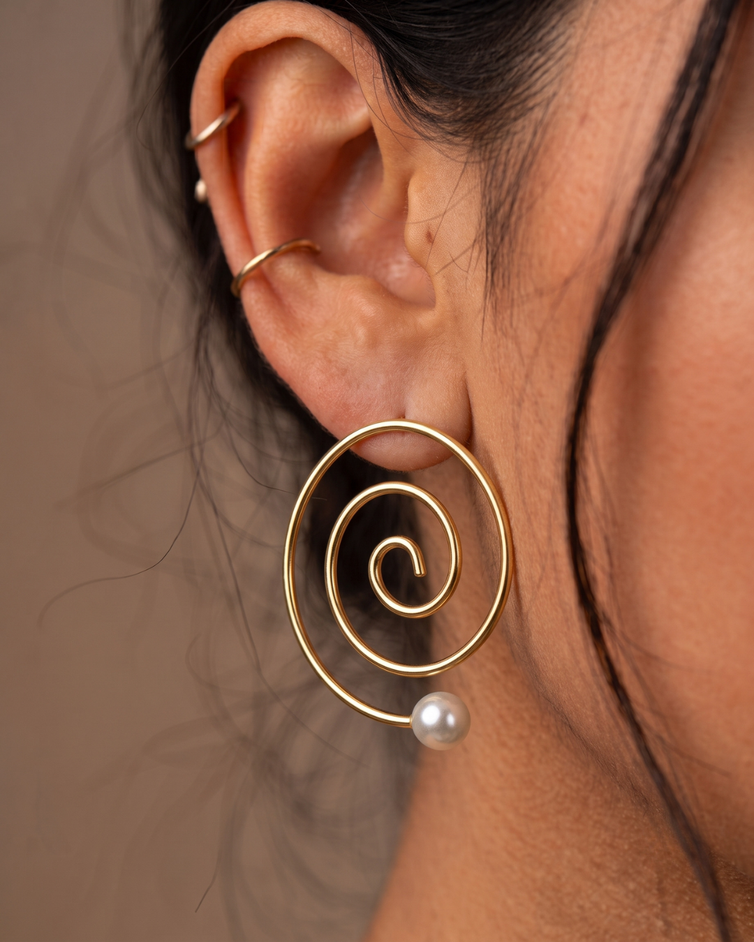 Gold Spiral Pearl-Tip Hoop Earrings