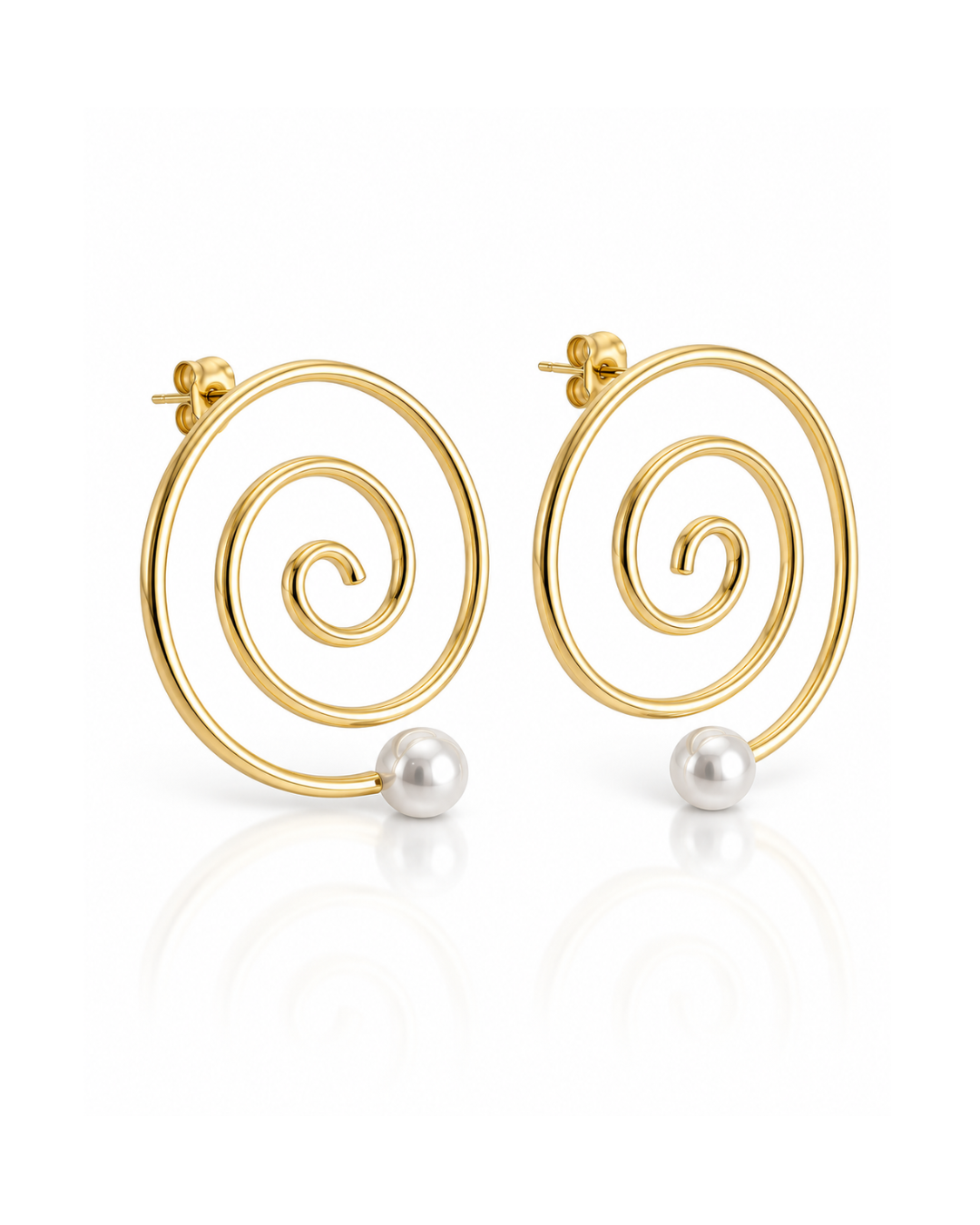 Gold Spiral Pearl-Tip Hoop Earrings