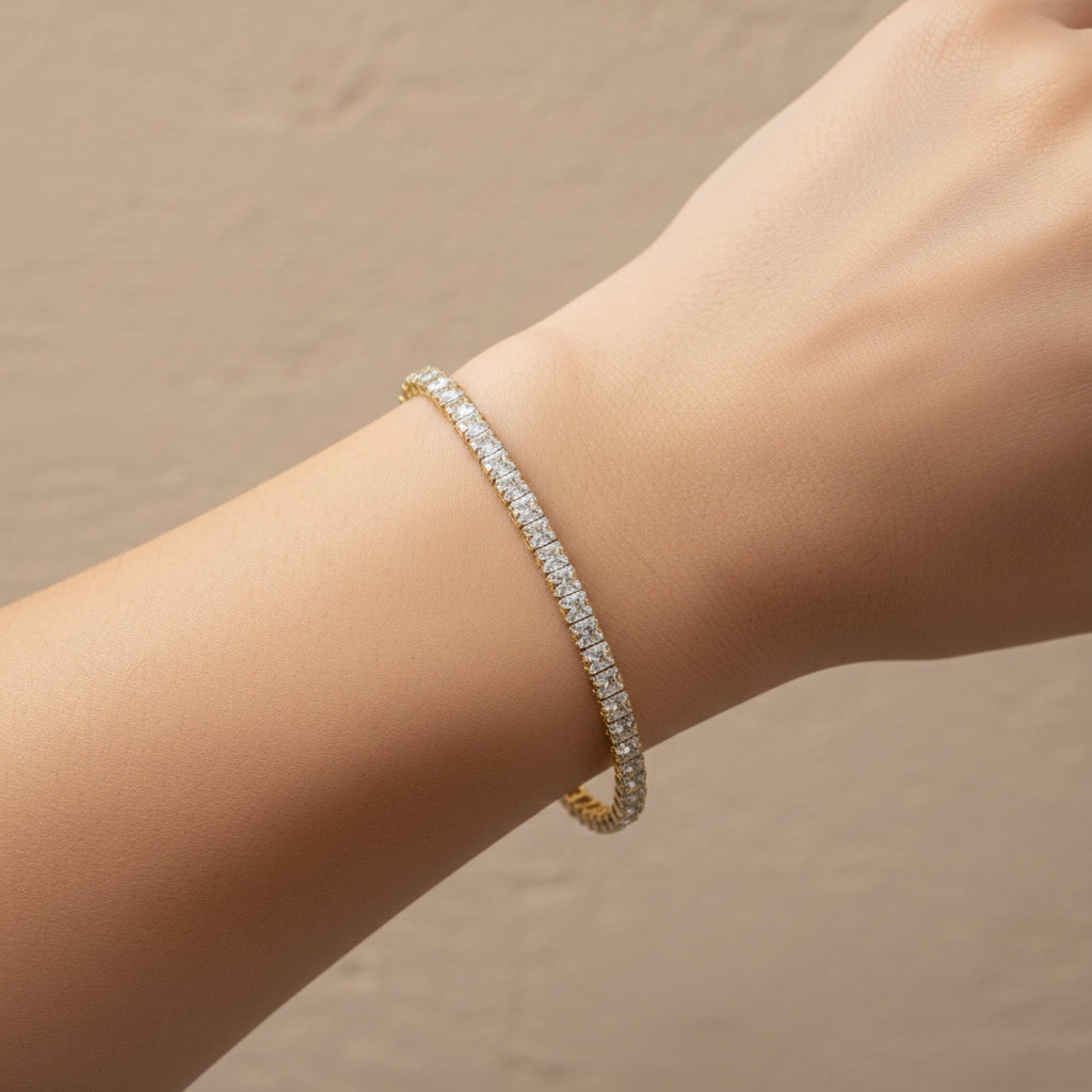 Baguette tennis bracelet, anti-tarnish gold bracelet, waterproof crystal jewelry, 18K gold plated statement bracelet, tarnish-resistant tennis bracelet.