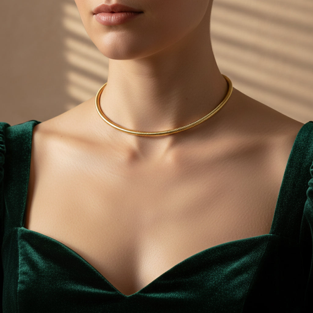 A woman wearing a thick, high-polish 18K gold-plated structured snake chain choker, styled with a dark green velvet dress.
