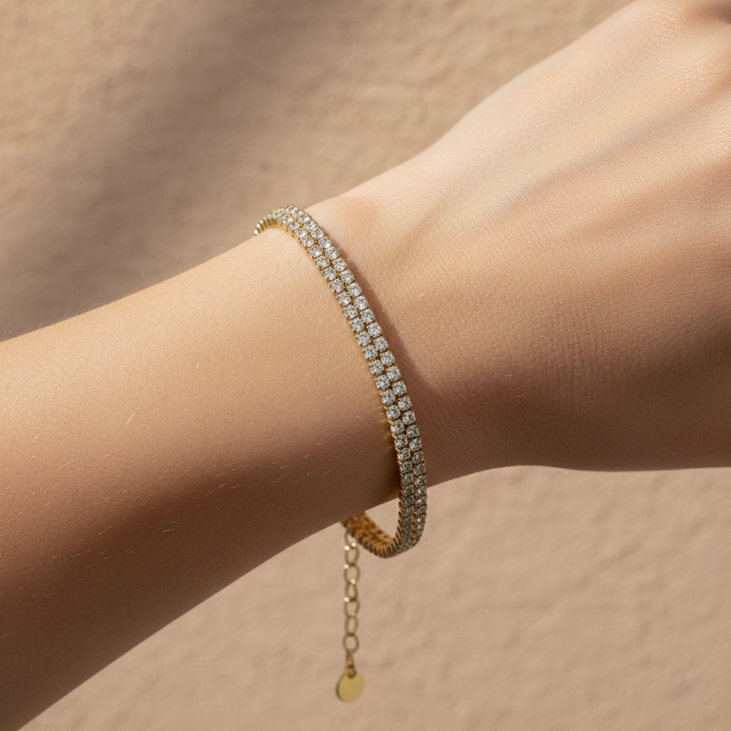 Double row tennis bracelet, anti-tarnish gold bracelet, waterproof crystal jewelry, 18K gold plated statement bracelet, tarnish-resistant tennis bracelet.