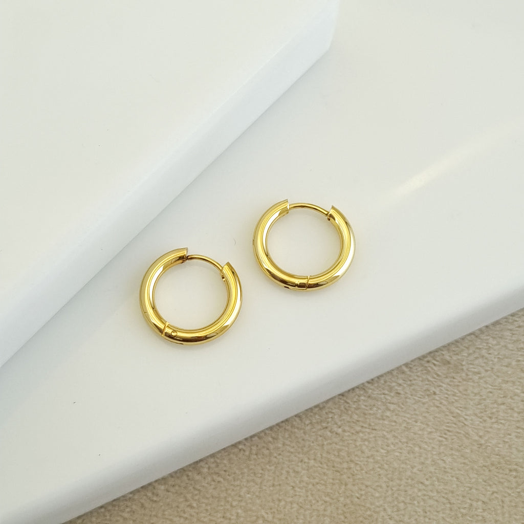 18K gold-plated micro hoops, waterproof gold earrings, anti-tarnish petite hoops, hypoallergenic luxury jewelry, sculptural gold huggies, thick small hoop earrings.