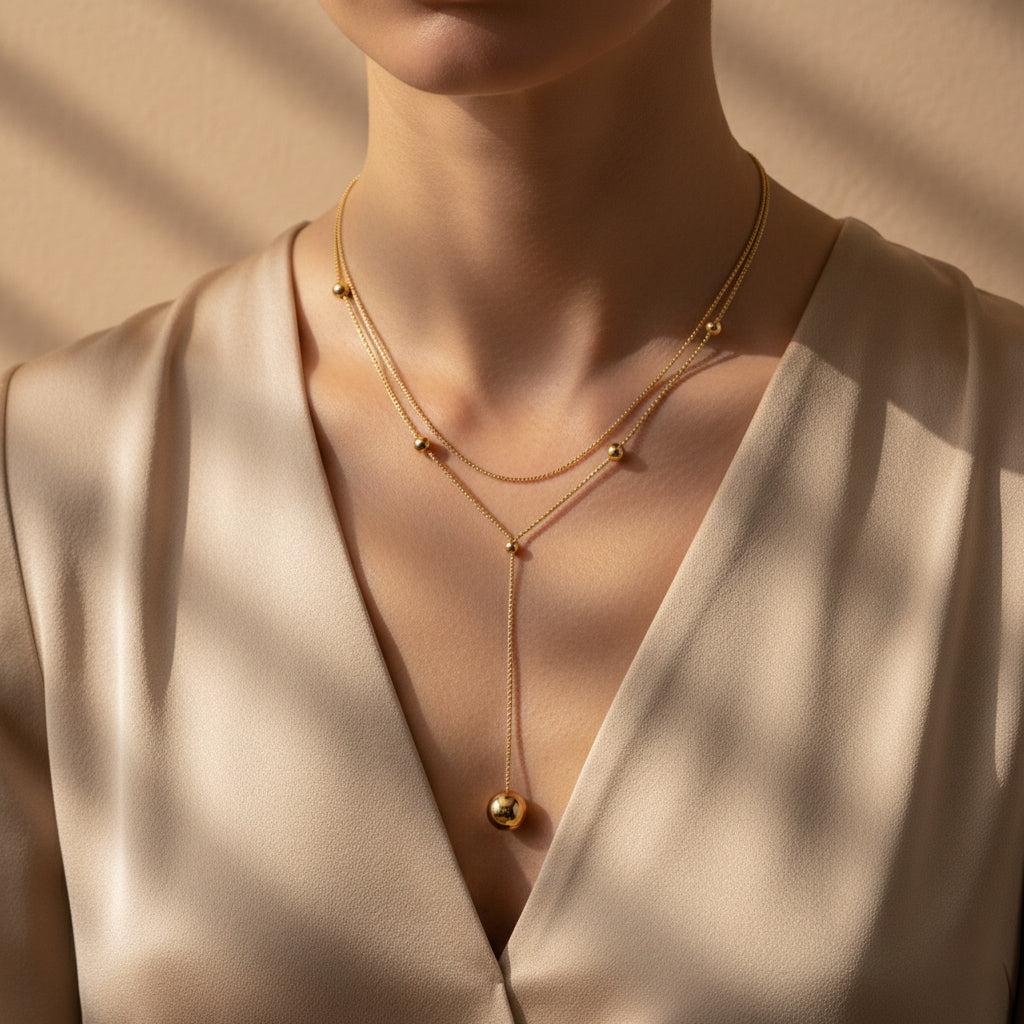 A woman wearing a delicate 18K gold-plated double-layered Y-necklace with small spherical gold beads and a larger drop-sphere at the end.