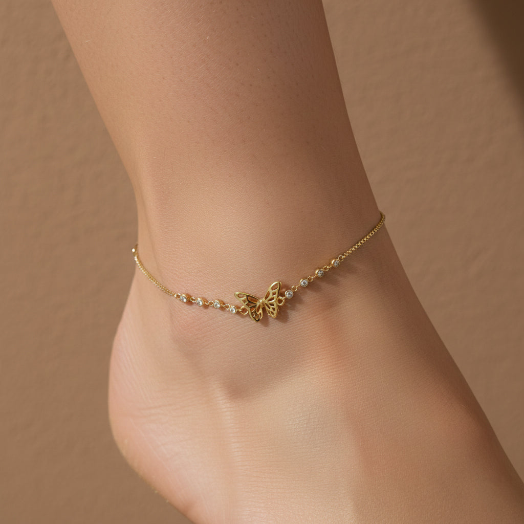 Butterfly anklet, anti-tarnish gold anklet, 18K gold butterfly jewelry, waterproof crystal anklet, tarnish-resistant foot jewelry.