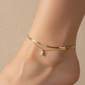 Teardrop anklet, anti-tarnish layered anklet, 18K gold herringbone anklet, waterproof crystal foot jewelry, tarnish-resistant gold anklet.