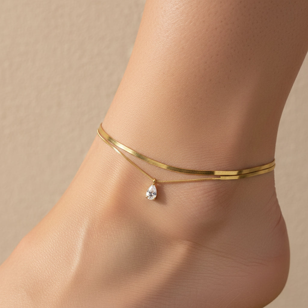 Teardrop anklet, anti-tarnish layered anklet, 18K gold herringbone anklet, waterproof crystal foot jewelry, tarnish-resistant gold anklet.