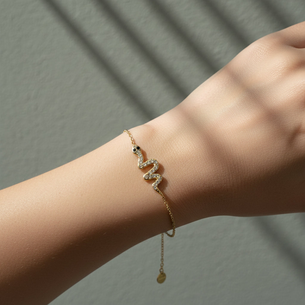 Snake bracelet gold, anti-tarnish serpent jewelry, 18K gold plated waterproof bracelet, pave snake charm, Treshire jewelry.