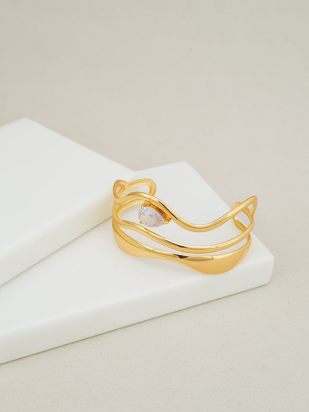 Liquid Wave CZ Pear Open Cuff Bracelet