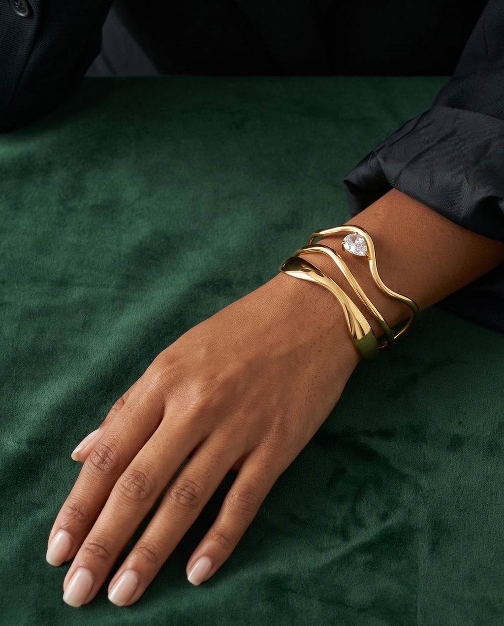 Liquid Wave CZ Pear Open Cuff Bracelet
