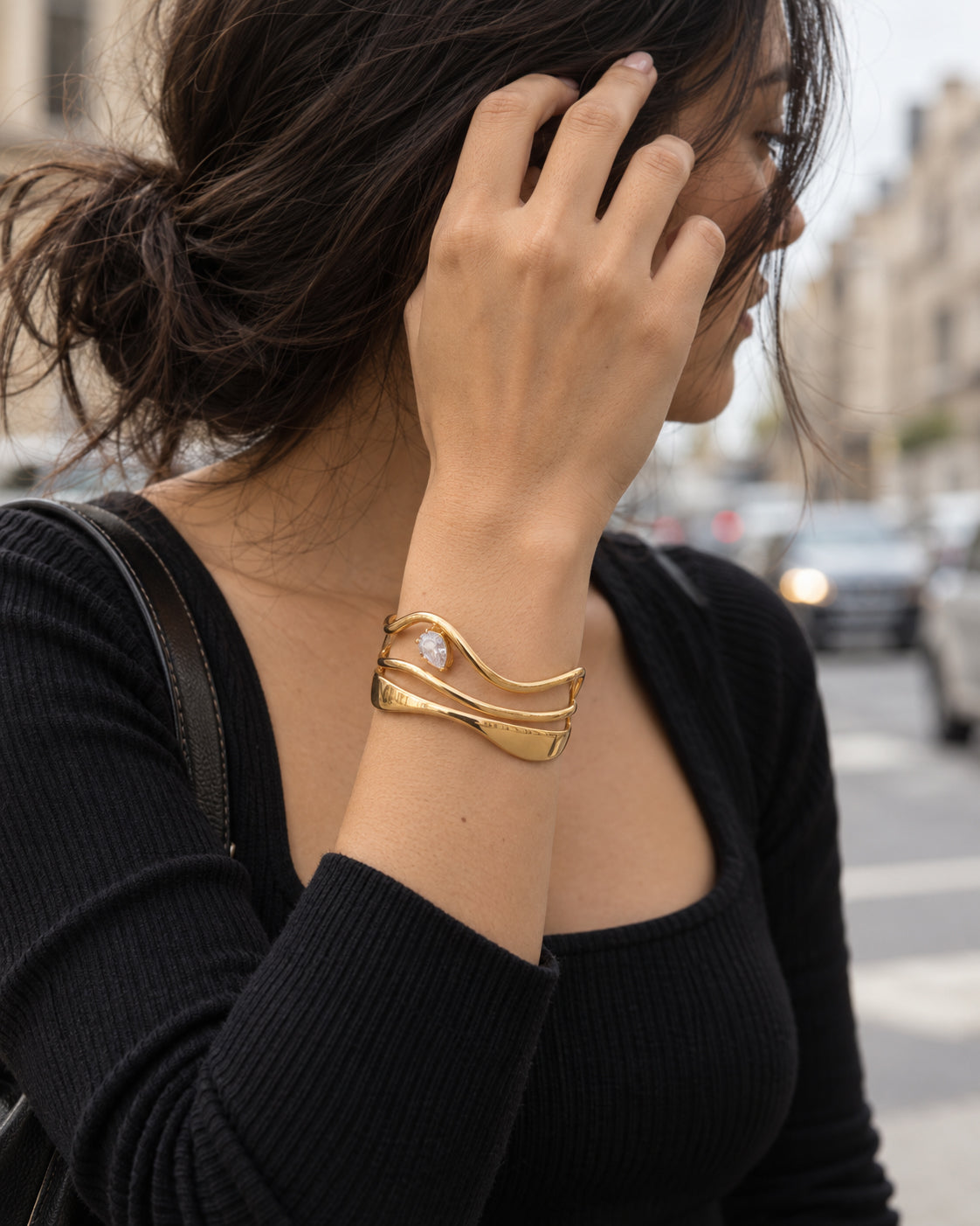 Liquid Wave CZ Pear Open Cuff Bracelet