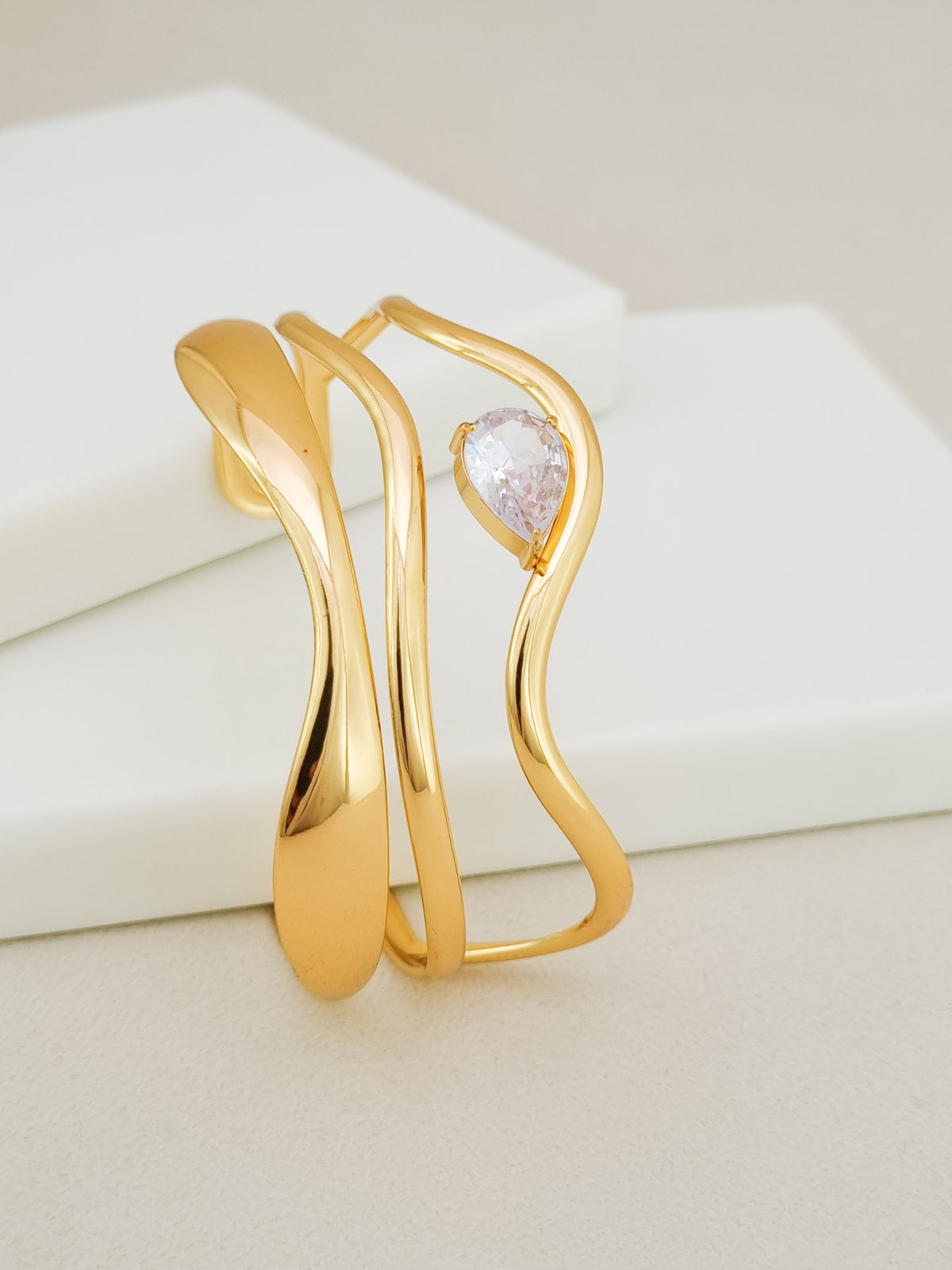 Liquid Wave CZ Pear Open Cuff Bracelet